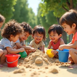Grupo diverso de niños jugando cooperativamente en un parque