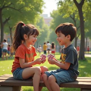 Dos niños jugando a las cartas en un parque español