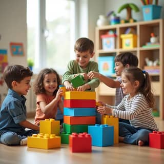 Niños jugando con bloques de construcción en una guardería
