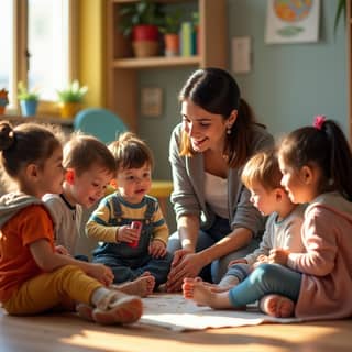 Profesora interactuando con niños durante el juego imaginativo en una guardería española