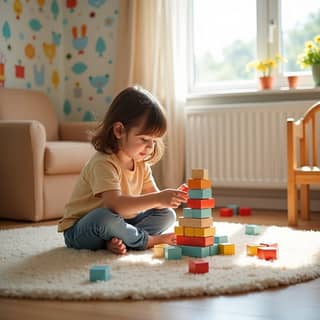 Niña jugando sola con bloques de construcción en una habitación infantil