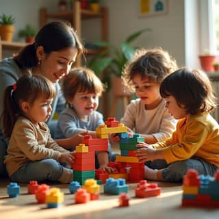 Niños jugando con bloques de construcción en una guardería