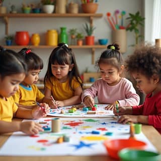 Grupo diverso de niños jugando creativamente en una guardería