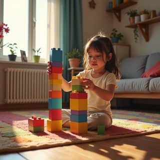 Niña jugando con bloques de construcción en su casa
