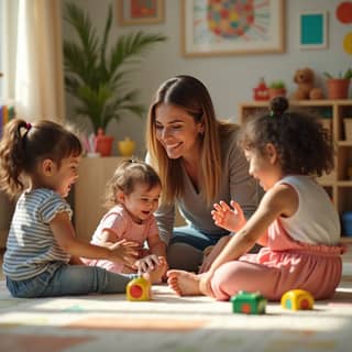 Educadora interactuando con niños durante el juego libre en una guardería