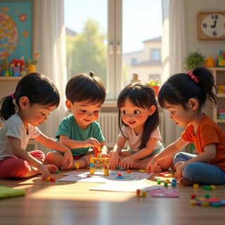 Grupo diverso de niños jugando cooperativamente en una guardería española