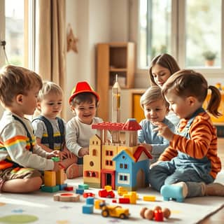 Niños jugando simbólicamente en una guardería española