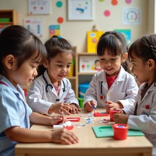 Niños jugando a médicos en una guardería con materiales didácticos