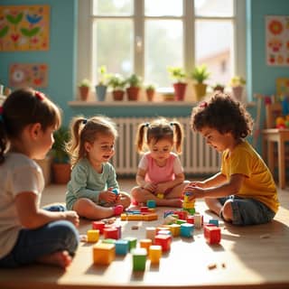 Grupo diverso de niños jugando creativamente en una guardería moderna