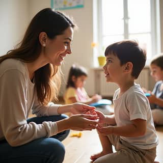 Educadora interactuando con un niño en una guardería