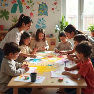 Grupo de niños y educadores trabajando en un proyecto creativo en una guardería