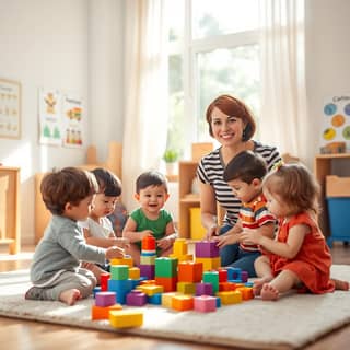 Educadora interactuando con niños en una guardería española