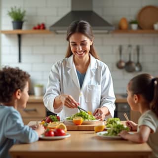 Profesional de guardería preparando una comida saludable para niños
