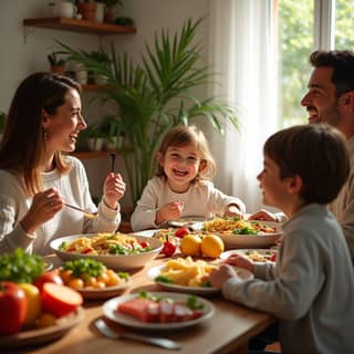 Familia española compartiendo una comida saludable