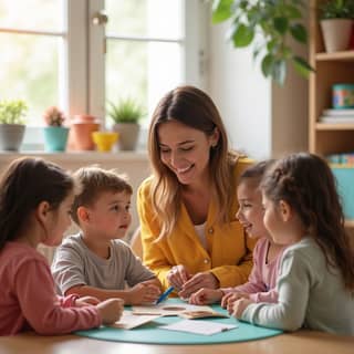 Educadora interactuando con niños en una guardería española