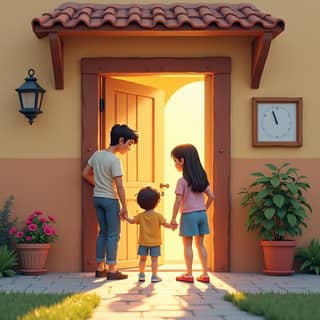Familia española despidiéndose de su hijo en la puerta de una guardería