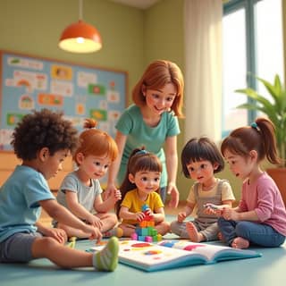 Niños jugando en una guardería con instalaciones modernas y coloridas