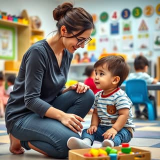 Educadora interactuando con un niño en una guardería