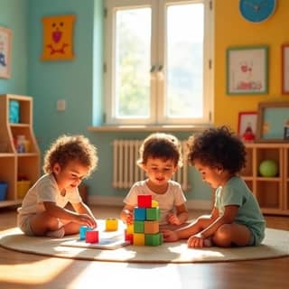 Niños felices jugando en una guardería moderna y luminosa en España