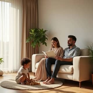 Padre y madre relajados en casa, mientras su hijo juega feliz en un entorno seguro y estimulante, reflejando tranquilidad parental