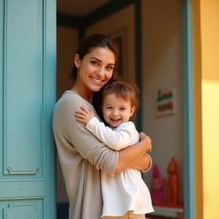 Una madre y su hijo sonriendo y abrazándose con cariño en la entrada de una guardería, con ambiente acogedor y soleado, transmitiendo confianza y afecto.