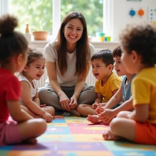 Niños riendo y jugando en un círculo en la guardería con una educadora sonriendo