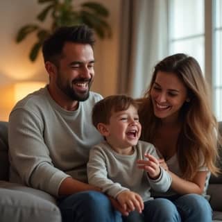 Padres riendo con su hijo pequeño en el salón de casa, el niño está haciendo un gesto divertido