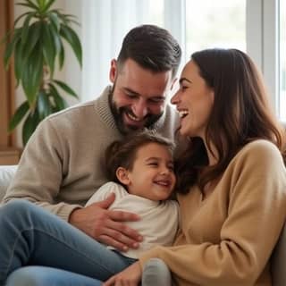 Familia riendo junta en un sofá, los padres abrazan a su hijo pequeño