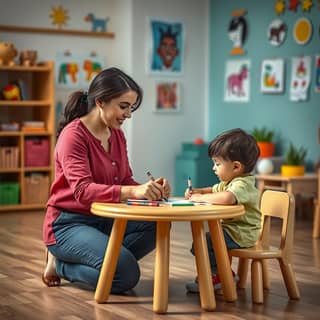 Educadora interactuando con un niño en una guardería