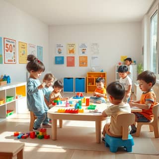 Niños jugando en una guardería moderna y luminosa