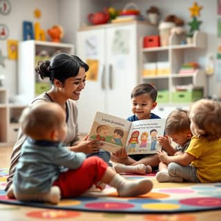 Educadora interactuando con un grupo de niños en una guardería