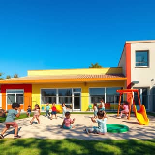 Vista exterior de una guardería con niños jugando en el patio