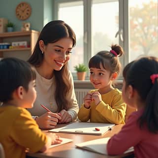 Profesora interactuando con niños en una guardería
