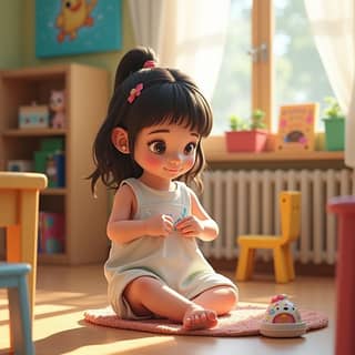 Niña vistiéndose sola en la guardería
