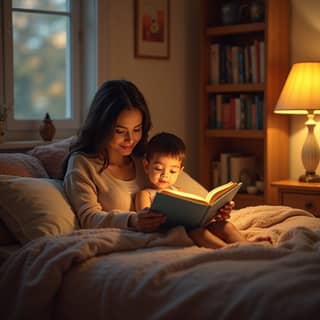 Una madre leyendo un cuento a su hijo antes de dormir
