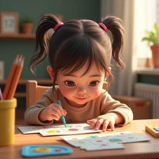 Niña en una guardería, concentrada en una actividad