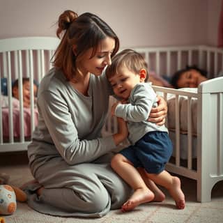 Educadora consolando a un niño que no quiere dormir