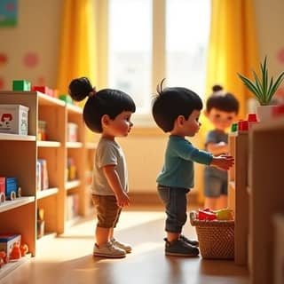 Niños en una guardería española organizando juguetes en estanterías bajas con etiquetas visuales.