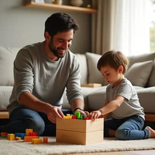 Padre e hijo de unos 4 años recogiendo bloques de juguete en un salón ordenado de un hogar español.