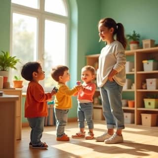 Educadora de guardería española sonriendo mientras un grupo de niños recoge juguetes en un aula luminosa.