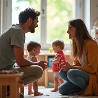 Padres comunicándose con la profesora de su hijo en una guardería española