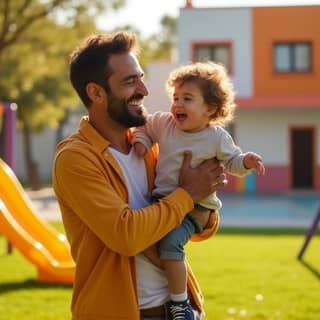 Padre e hijo riendo juntos en el parque, con un fondo de guardería española