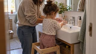 Una niña se enjabona las manos junto a una persona adulta en el lavabo de casa