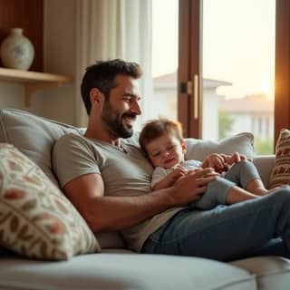 Padre de guardería descansando en un sofá con su hijo pequeño, sintiéndose relajado y con energía, en un hogar moderno español.