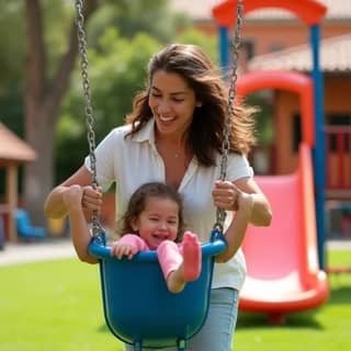 Una madre con su hijo en un parque infantil en España, disfrutando de un momento de desconexión digital, riendo y jugando.