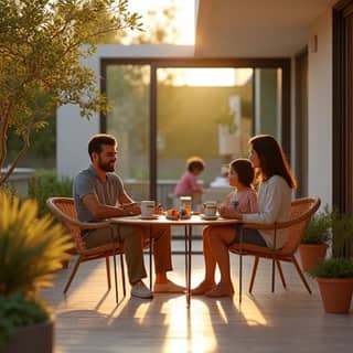 Un padre y una madre españoles, sonrientes y relajados, disfrutando de un café en su terraza mientras sus hijos juegan tranquilamente en el salón.