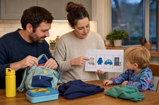 Progenitores preparando la vuelta a la guardería en casa con mochila pequeña y pizarra visual con pictogramas de desayuno, abrigo y salida