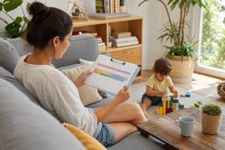 Progenitor revisando en casa un calendario de inscripción de ludoteca de verano mientras su hijo pequeño juega con bloques