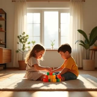 Niños jugando en una sala luminosa con luz natural y cálida en invierno