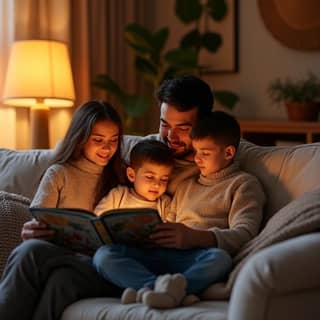 Familia española leyendo cuentos con luz cálida en el salón, creando un ambiente acogedor
